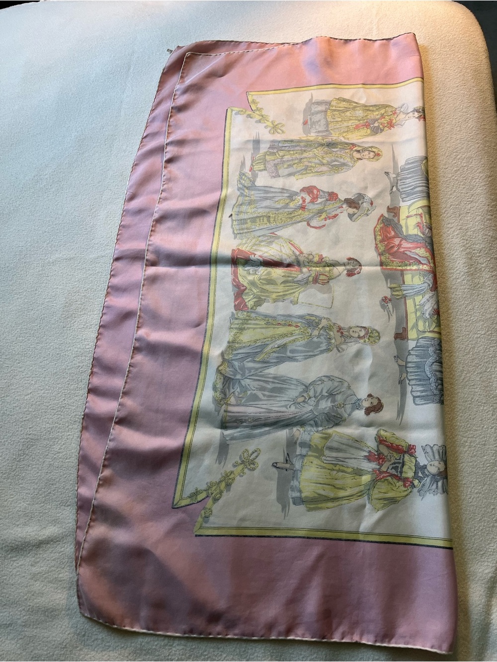 Hermès 'Costumes de Dames' Silk Scarf in Pink, Yellow, Gray - Picture 9 of 13